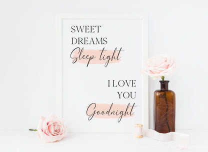 Sweet dreams sleep tight I love you goodnight pink watercolour bedroom home unframed wall art poster print