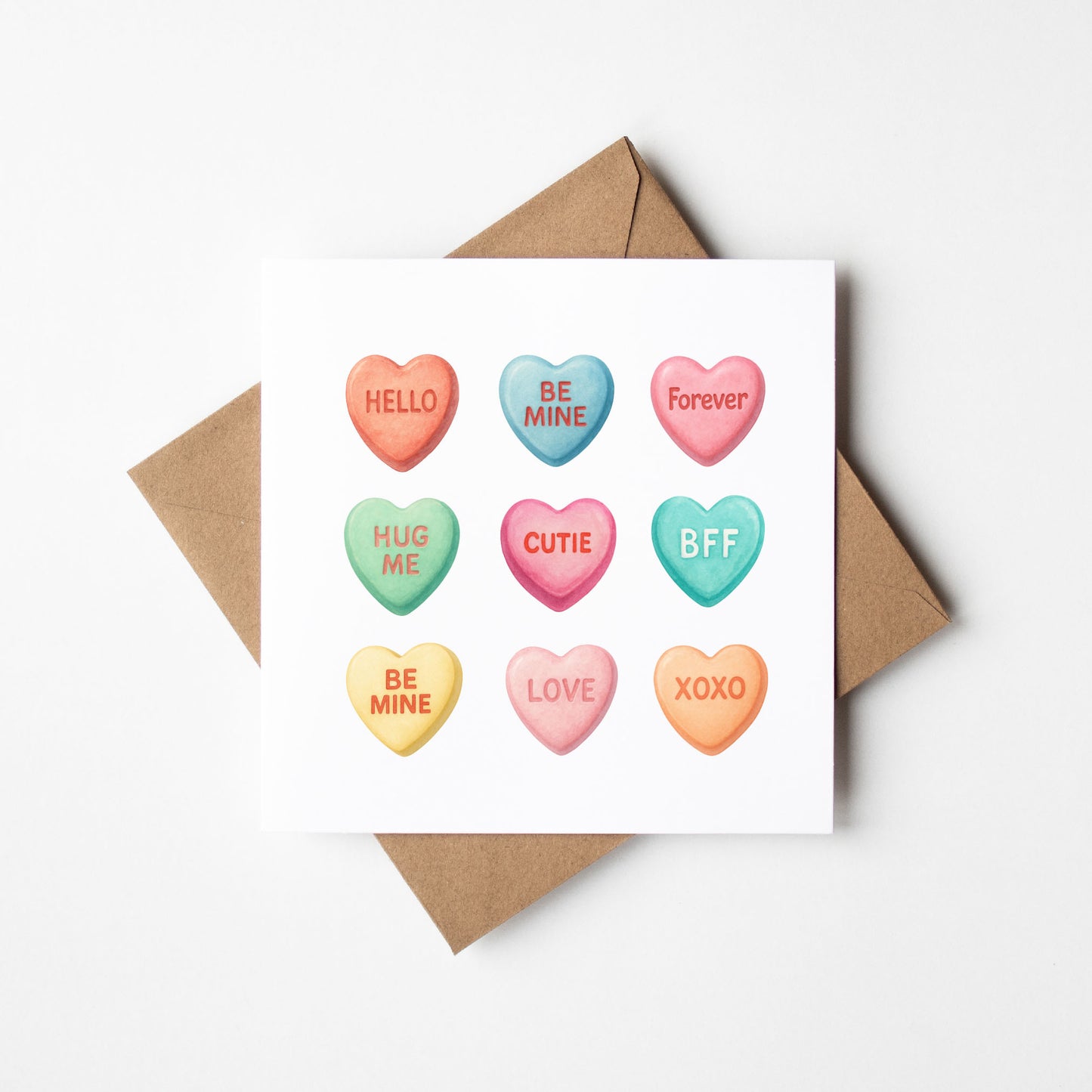 Valentines card, Swizzels heart candy sweets watercolour Valentines day with Envelope