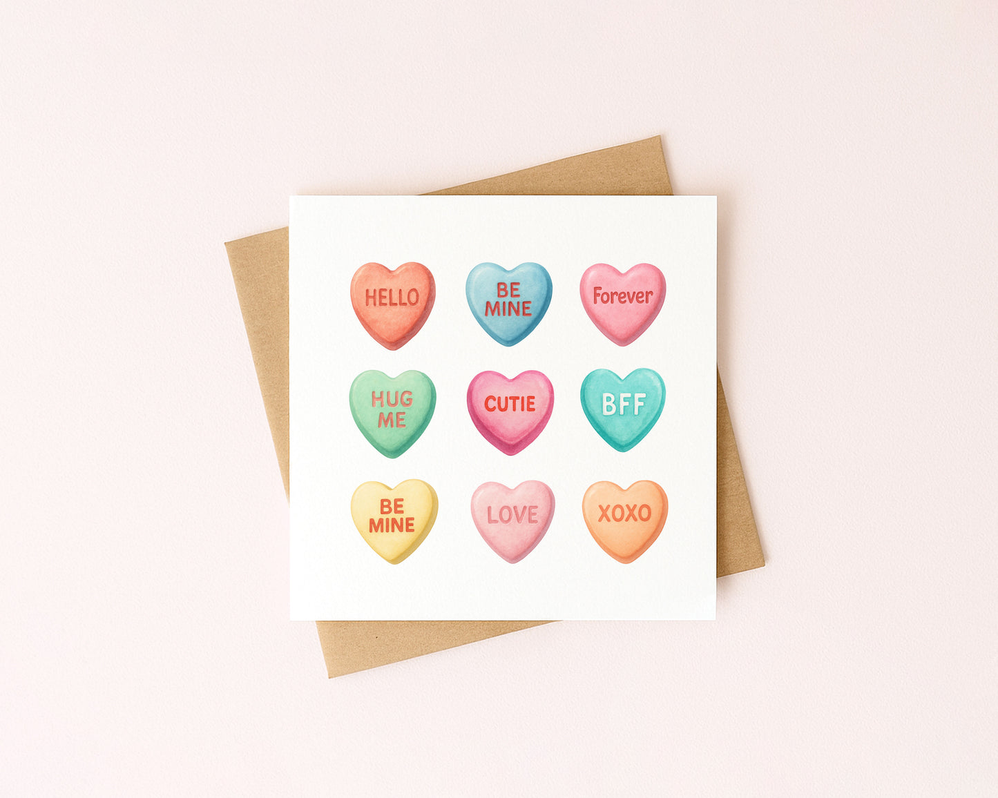 Valentines card, Swizzels heart candy sweets watercolour Valentines day with Envelope