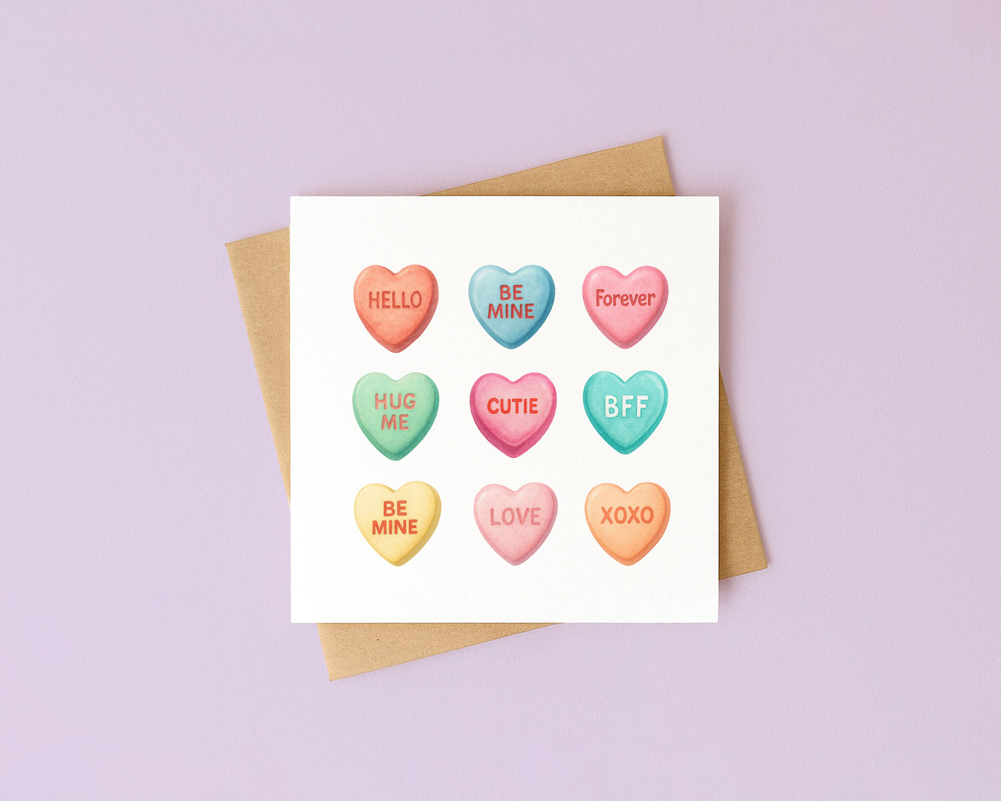 Valentines card, Swizzels heart candy sweets watercolour Valentines day with Envelope