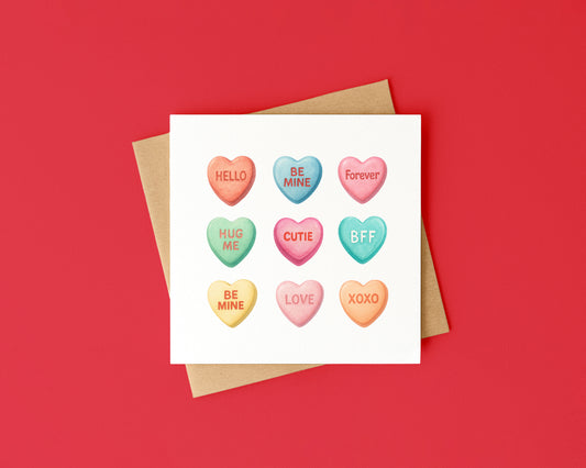 Valentines card, Swizzels heart candy sweets watercolour Valentines day with Envelope