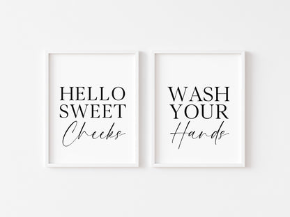 Set of 2 bathroom prints, Hello sweet cheeks, wash your hands set of bathroom unframed wall art poster prints, set of bathroom wall art