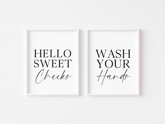 Set of 2 bathroom prints, Hello sweet cheeks, wash your hands set of bathroom unframed wall art poster prints, set of bathroom wall art