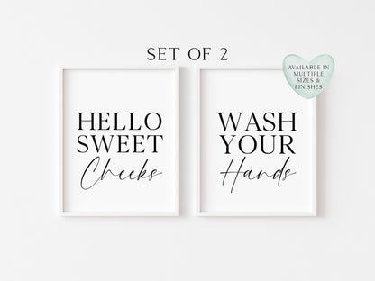 Set of 2 bathroom prints, Hello sweet cheeks, wash your hands set of bathroom unframed wall art poster prints, set of bathroom wall art