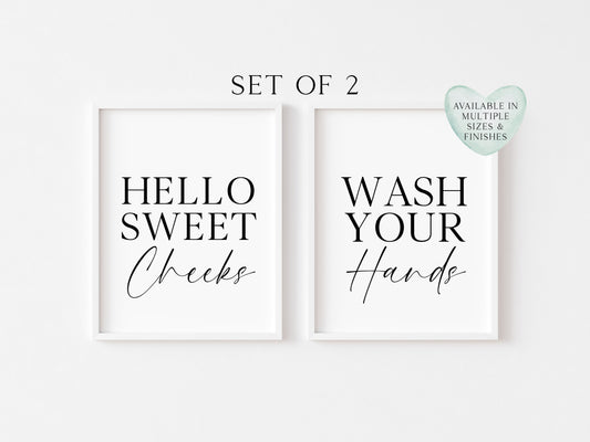 Set of 2 bathroom prints, Hello sweet cheeks, wash your hands set of bathroom unframed wall art poster prints, set of bathroom wall art