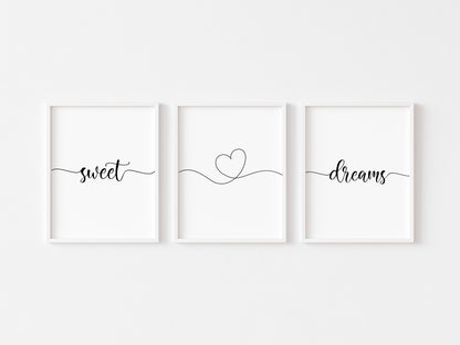 Bedroom prints, sweet dreams heart set of 3 home bedroom wall art (unframed)
