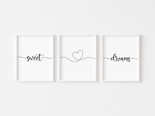Bedroom prints, sweet dreams heart set of 3 home bedroom wall art (unframed)