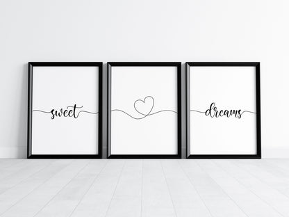 Bedroom prints, sweet dreams heart set of 3 home bedroom wall art (unframed)