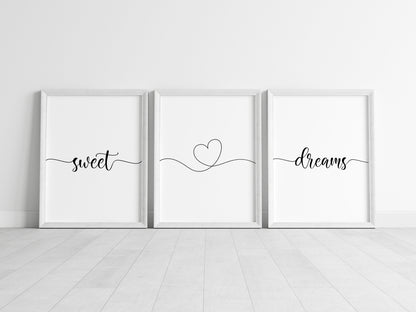 Bedroom prints, sweet dreams heart set of 3 home bedroom wall art (unframed)