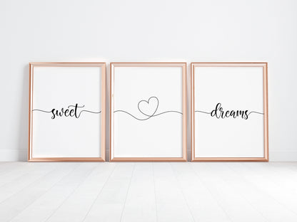 Bedroom prints, sweet dreams heart set of 3 home bedroom wall art (unframed)