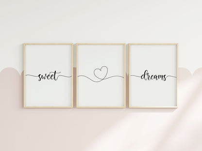 Bedroom prints, sweet dreams heart set of 3 home bedroom wall art (unframed)
