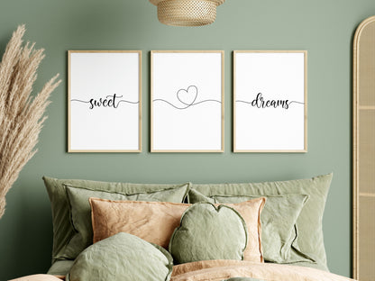 Bedroom prints, sweet dreams heart set of 3 home bedroom wall art (unframed)