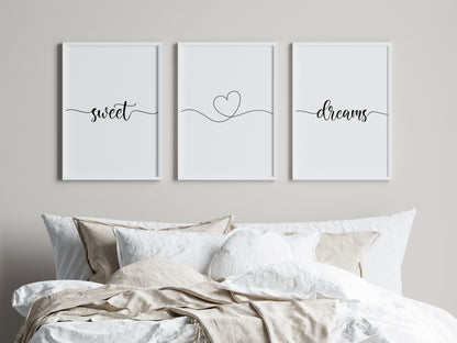 Bedroom prints, sweet dreams heart set of 3 home bedroom wall art (unframed)
