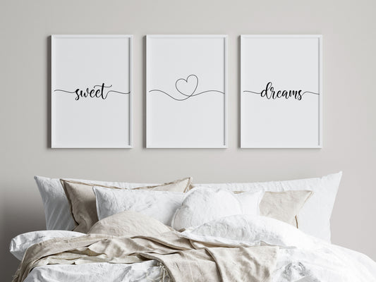 Bedroom prints, sweet dreams heart set of 3 home bedroom wall art (unframed)