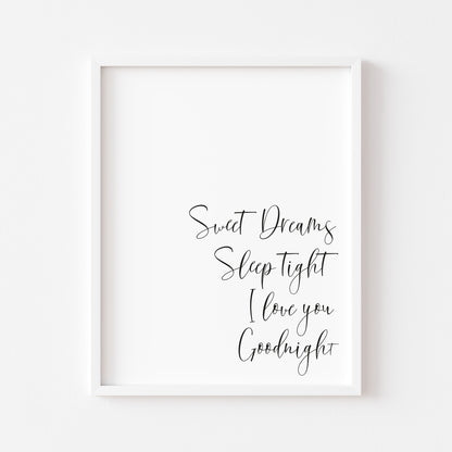 Sweet dreams, sleep tight I love you goodnight bedroom couples unframed wall art poster print
