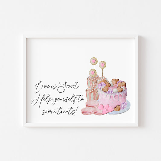 Wedding print, Love is sweet help yourself to something sweet pastel sweet treats wedding sign unframed wall art poster print