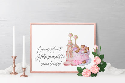 Wedding print, Love is sweet help yourself to something sweet pastel sweet treats wedding sign unframed wall art poster print