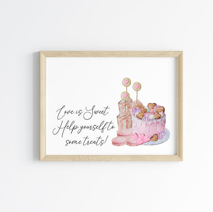 Wedding print, Love is sweet help yourself to something sweet pastel sweet treats wedding sign unframed wall art poster print