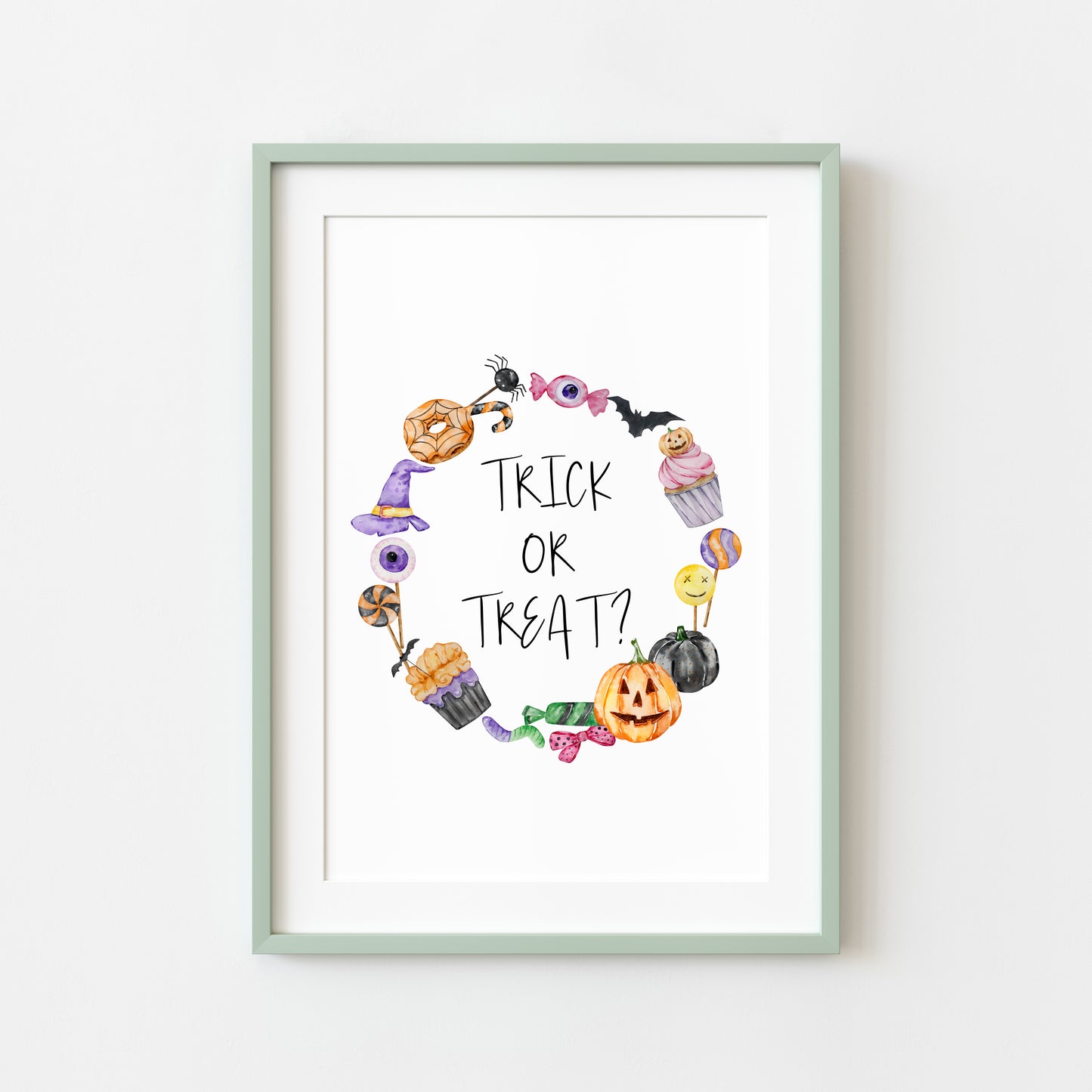 Trick or treat, watercolour wreath halloween sweet treat spooky trick or treat sign unframed wall art poster print