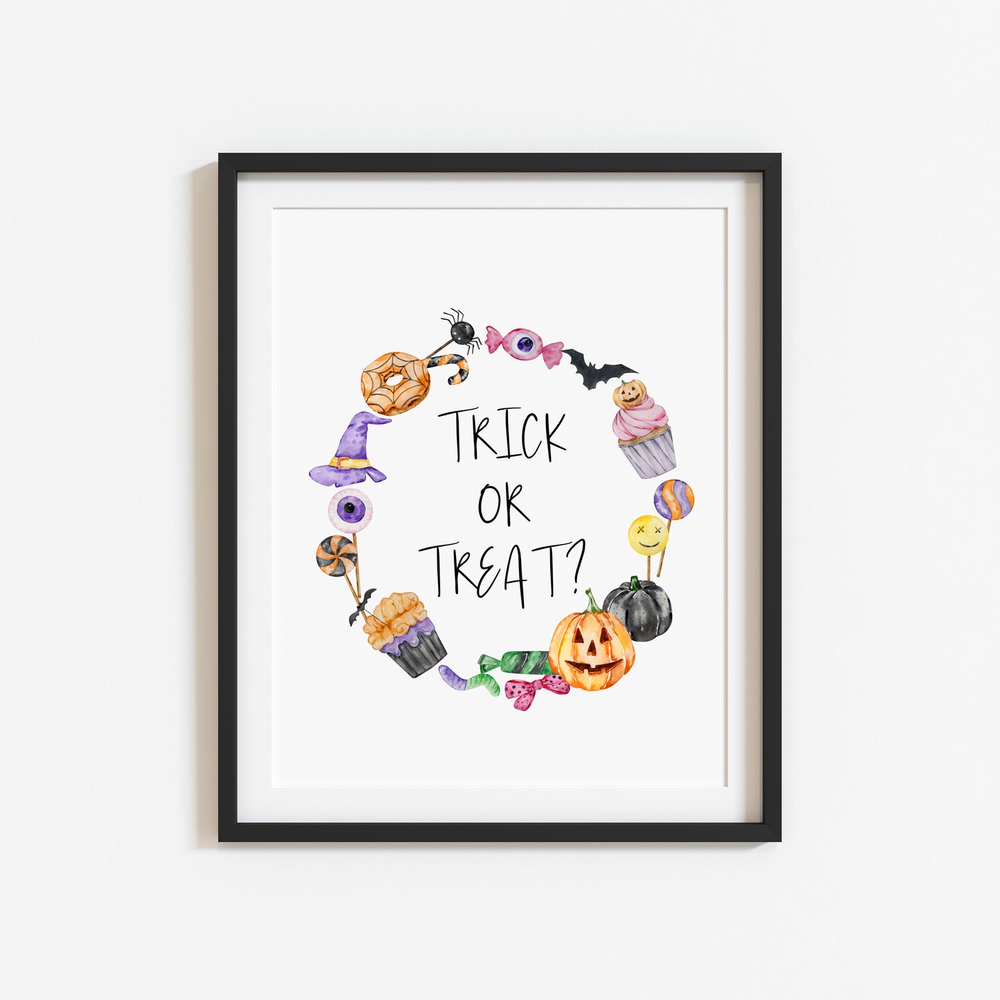 Trick or treat, watercolour wreath halloween sweet treat spooky trick or treat sign unframed wall art poster print