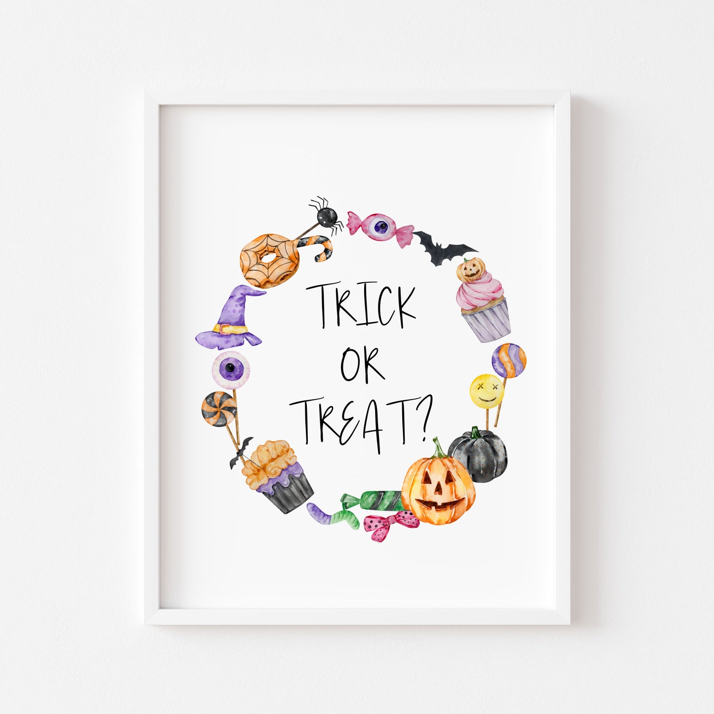 Trick or treat, watercolour wreath halloween sweet treat spooky trick or treat sign unframed wall art poster print