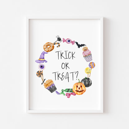 Trick or treat, watercolour wreath halloween sweet treat spooky trick or treat sign unframed wall art poster print