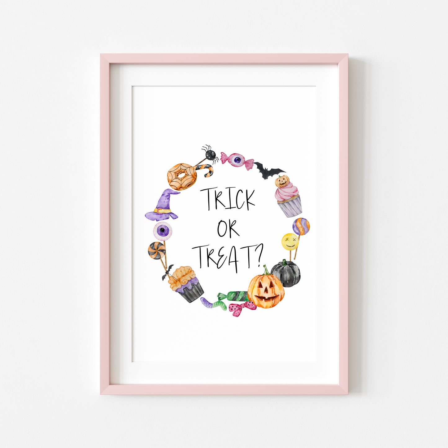 Trick or treat, watercolour wreath halloween sweet treat spooky trick or treat sign unframed wall art poster print