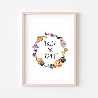 Trick or treat, watercolour wreath halloween sweet treat spooky trick or treat sign unframed wall art poster print