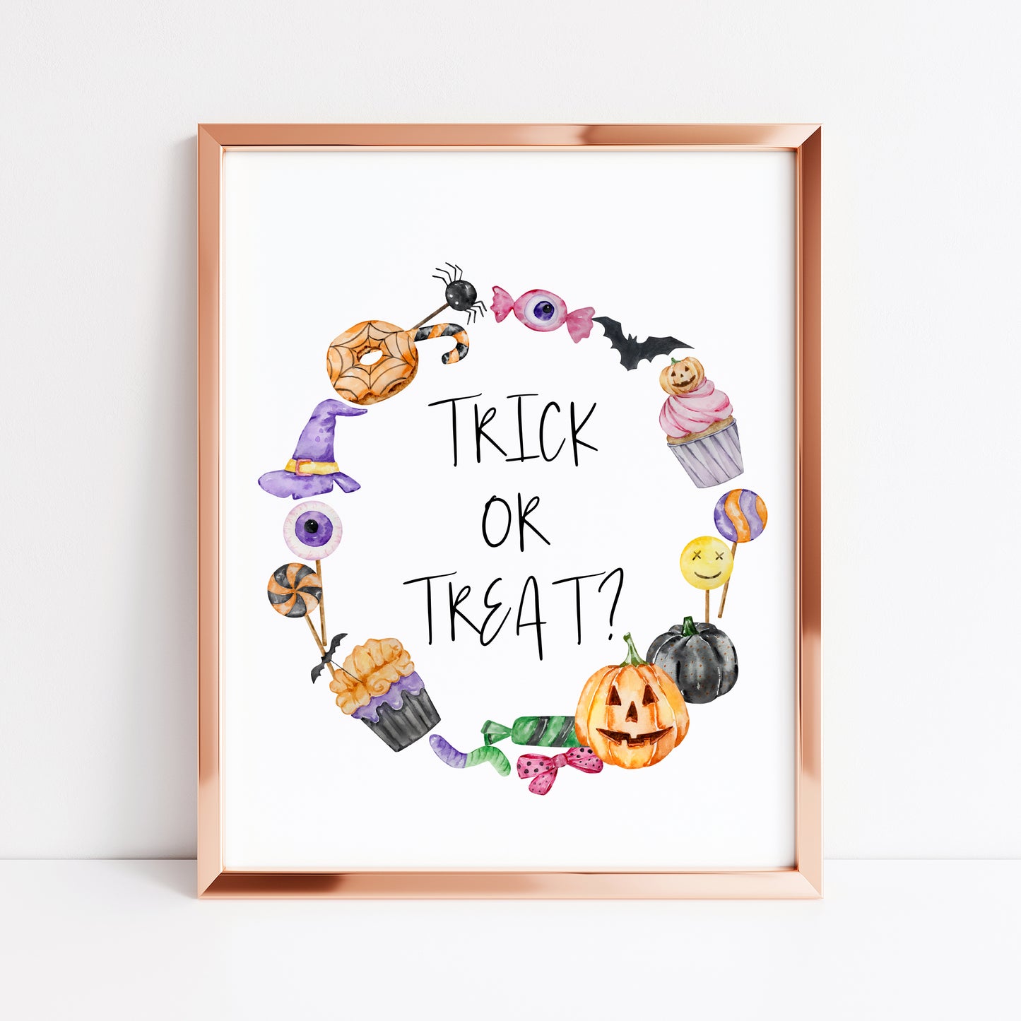 Trick or treat, watercolour wreath halloween sweet treat spooky trick or treat sign unframed wall art poster print
