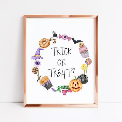 Trick or treat, watercolour wreath halloween sweet treat spooky trick or treat sign unframed wall art poster print