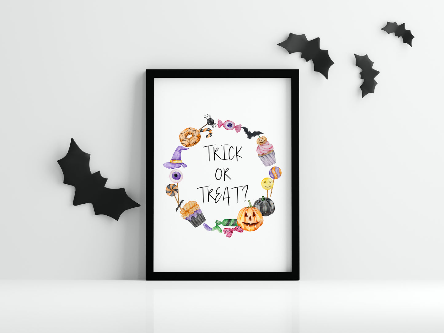 Trick or treat, watercolour wreath halloween sweet treat spooky trick or treat sign unframed wall art poster print