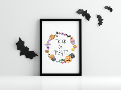 Trick or treat, watercolour wreath halloween sweet treat spooky trick or treat sign unframed wall art poster print