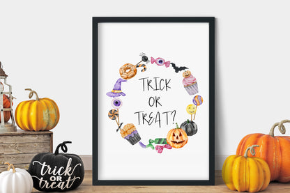 Trick or treat, watercolour wreath halloween sweet treat spooky trick or treat sign unframed wall art poster print