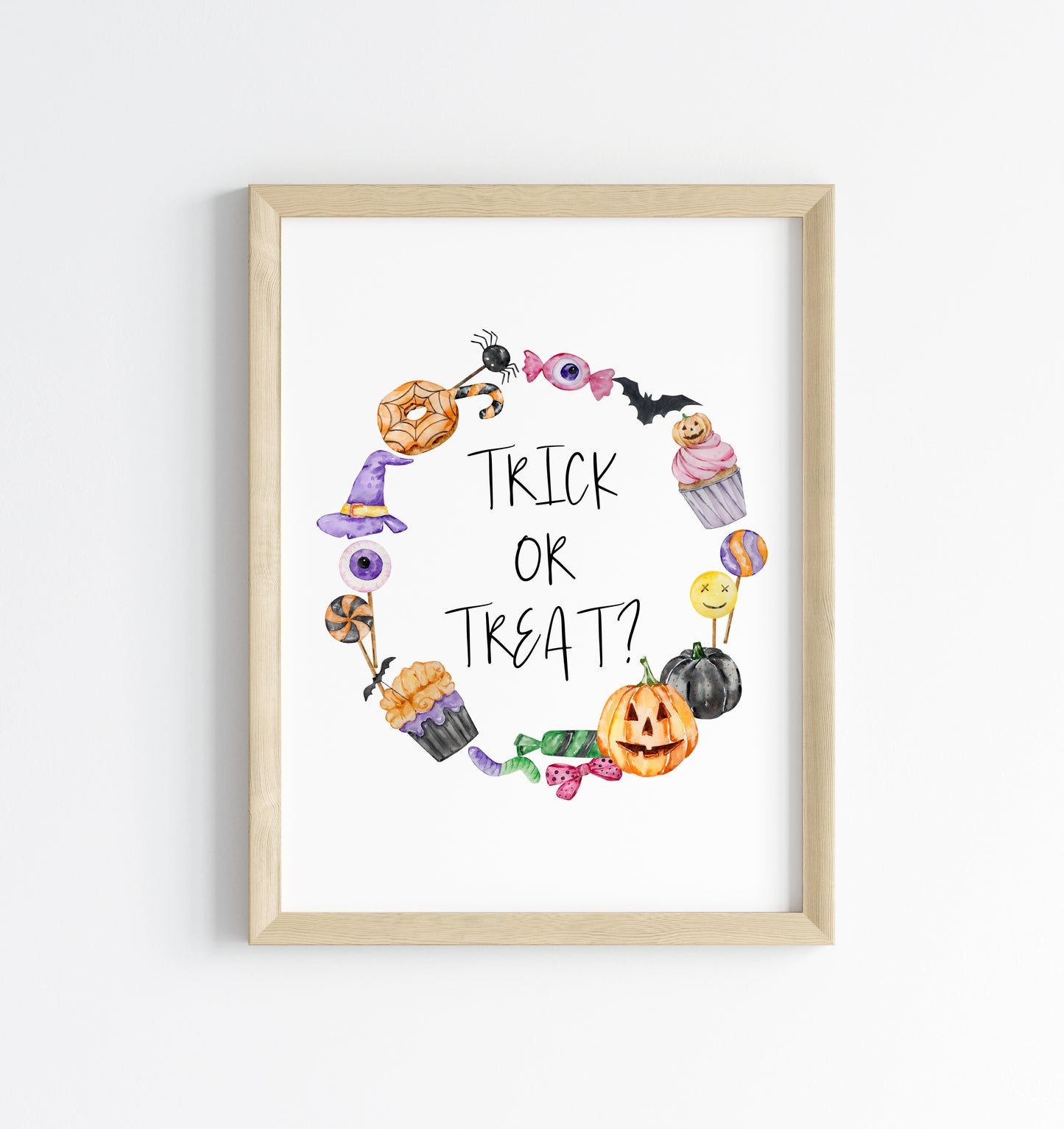Trick or treat, watercolour wreath halloween sweet treat spooky trick or treat sign unframed wall art poster print