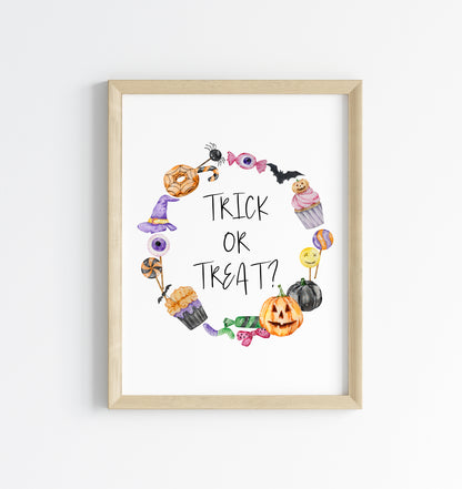 Trick or treat, watercolour wreath halloween sweet treat spooky trick or treat sign unframed wall art poster print