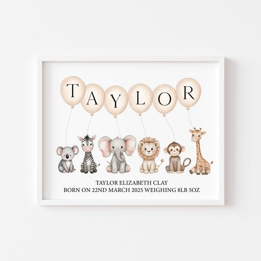 Personalised Safari Animals Nursery Print Beige Balloons, Birth Details unframed wall art poster print