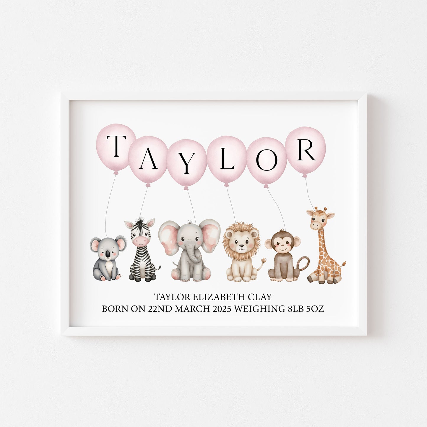 Personalised Safari Animals Nursery Print Pink Balloons, Birth Details unframed wall art poster print