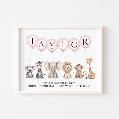 Personalised Safari Animals Nursery Print Pink Balloons, Birth Details unframed wall art poster print