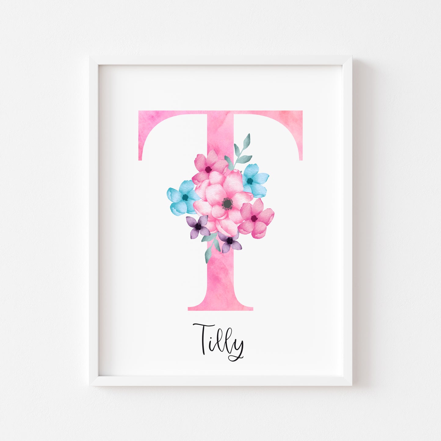 Personalised initial name print, pink & blue watercolour floral initial illustration nursery unframed print