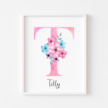 Personalised initial name print, pink & blue watercolour floral initial illustration nursery unframed print