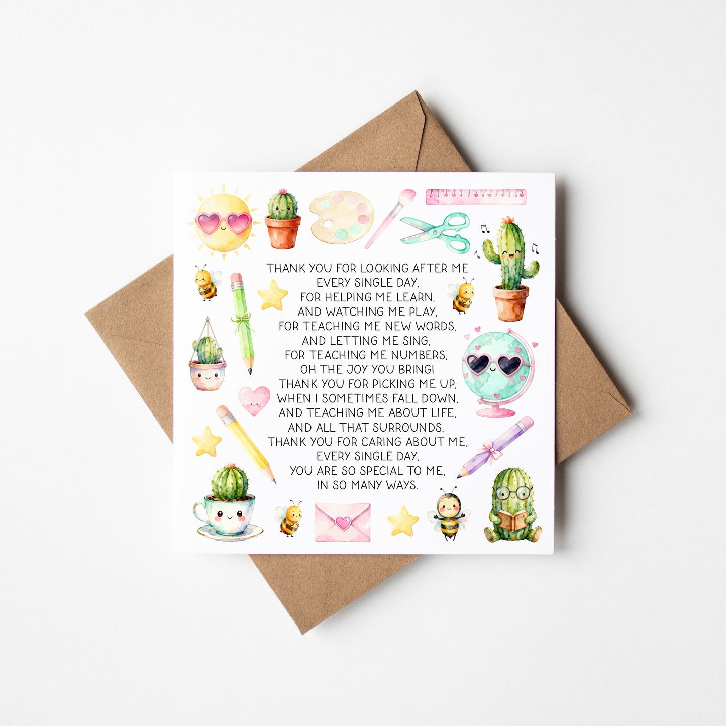 Teacher thank you card poem watercolour fun Mentor Appreciation with Brown Envelope