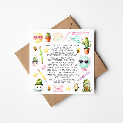 Teacher thank you card poem watercolour fun Mentor Appreciation with Brown Envelope