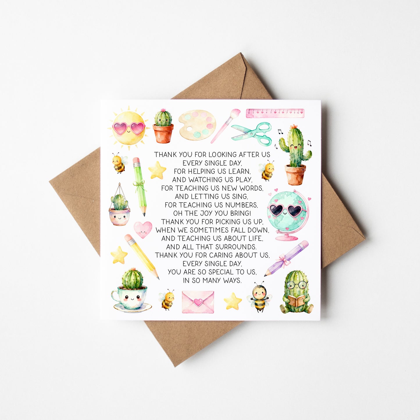 Teacher thank you card poem watercolour fun Mentor Appreciation with Brown Envelope
