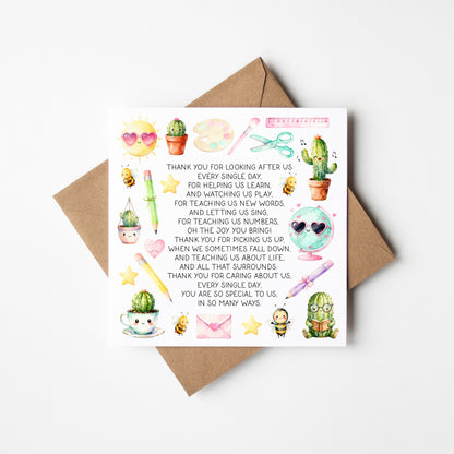 Teacher thank you card poem watercolour fun Mentor Appreciation with Brown Envelope