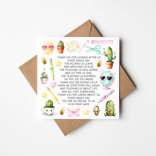 Teacher thank you card poem watercolour fun Mentor Appreciation with Brown Envelope