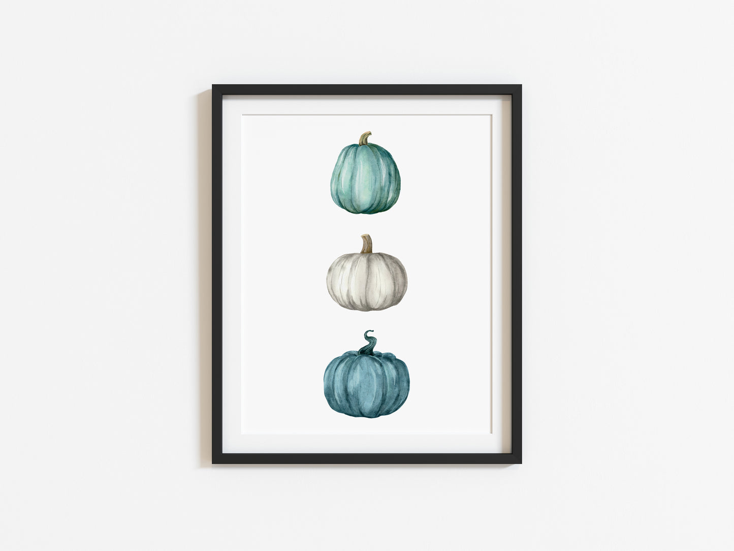 Autumn Pumpkin trio, teal, blue green seasonal watercolour unframed wall art poster print