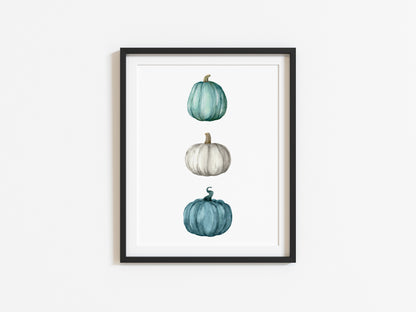 Autumn Pumpkin trio, teal, blue green seasonal watercolour unframed wall art poster print