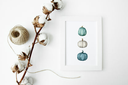 Autumn Pumpkin trio, teal, blue green seasonal watercolour unframed wall art poster print