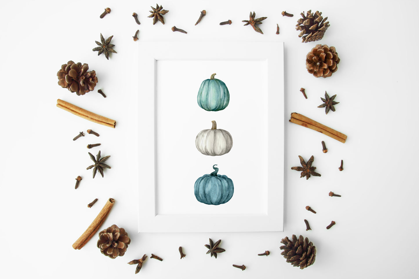 Autumn Pumpkin trio, teal, blue green seasonal watercolour unframed wall art poster print
