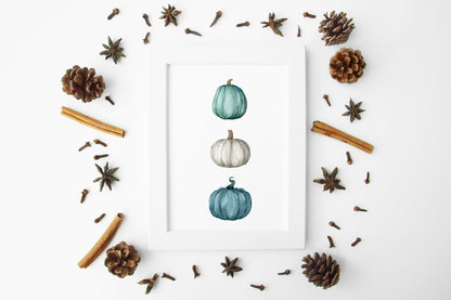 Autumn Pumpkin trio, teal, blue green seasonal watercolour unframed wall art poster print